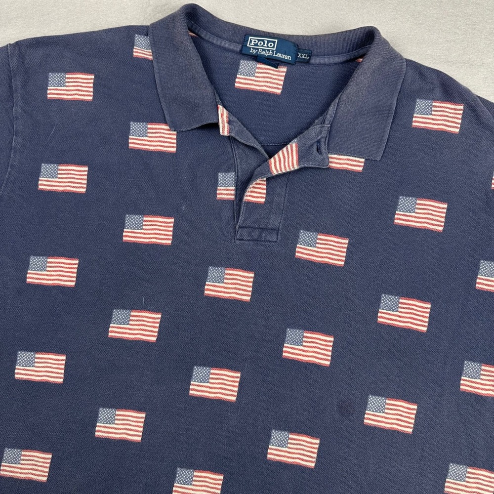 Polo Ralph Lauren Mens XXL Navy Blue American Flag All Over Print Polo Shirt